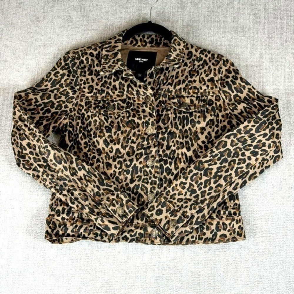Nine West Jeans Leopard Print Denim Jacket Tan Brown Black Small Missy Trucker